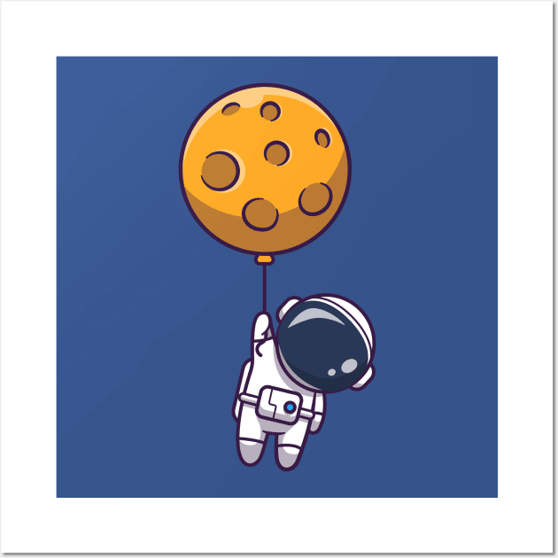 Cute Astronaut Floating With Moon Balloon Cartoon Wall Art by Catalyst Labs